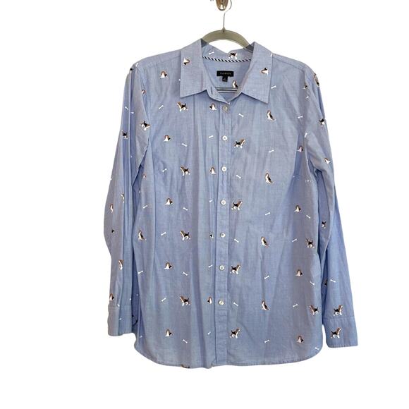 Talbots Womens Dog Bone Novelty Print Cotton Button Up Top Blue Size Large Prep - Picture 1 of 7